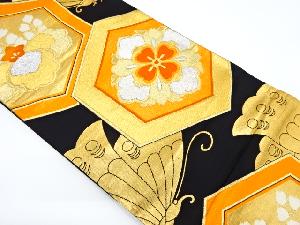 アンティーク　亀甲に花菱・蝶模様織り出し袋帯（着用可）